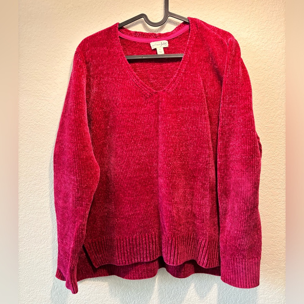 Hot Pink ‘Velvet Knit’ Sweater with a V-Neck